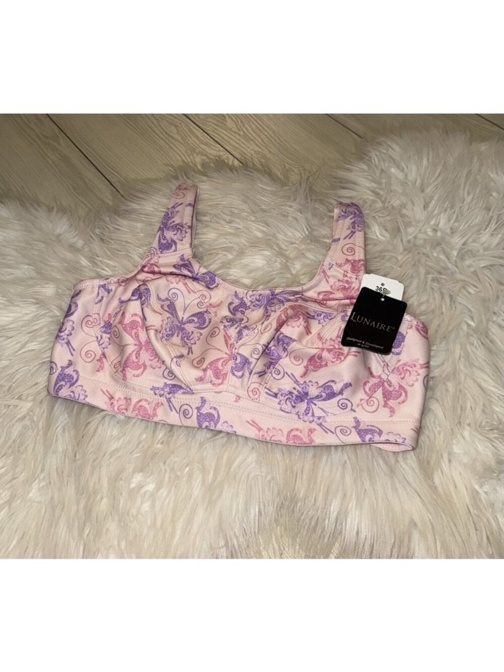 Lunaire 11112 High Impact Sports Bra Unpadded WF Butterfly Print 36B Pink New